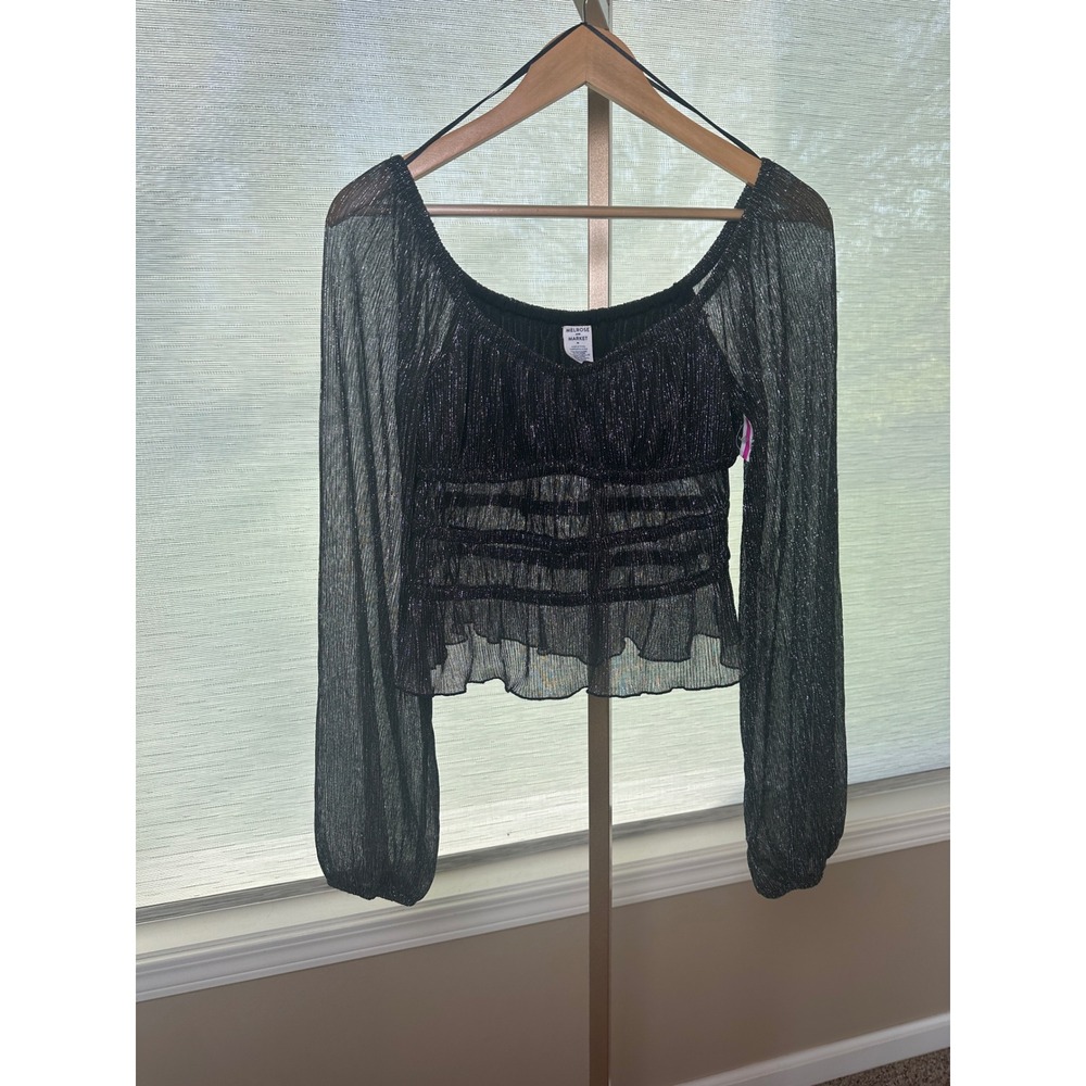 Melrose‎ and Market Sheer Metallic Black Top Long Sleeve Blouse Party Medium